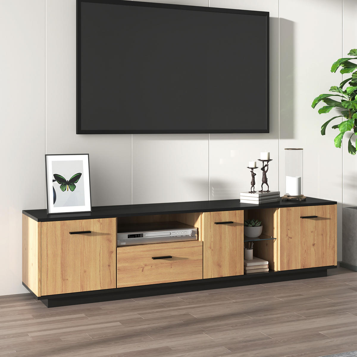TV-ELEMENT Schwarz Holzoptik mit 16-Farben-LED, Glastüren und Stauraum - Schwarz, Holzwerkstoff (37/45/180cm) - Korfee