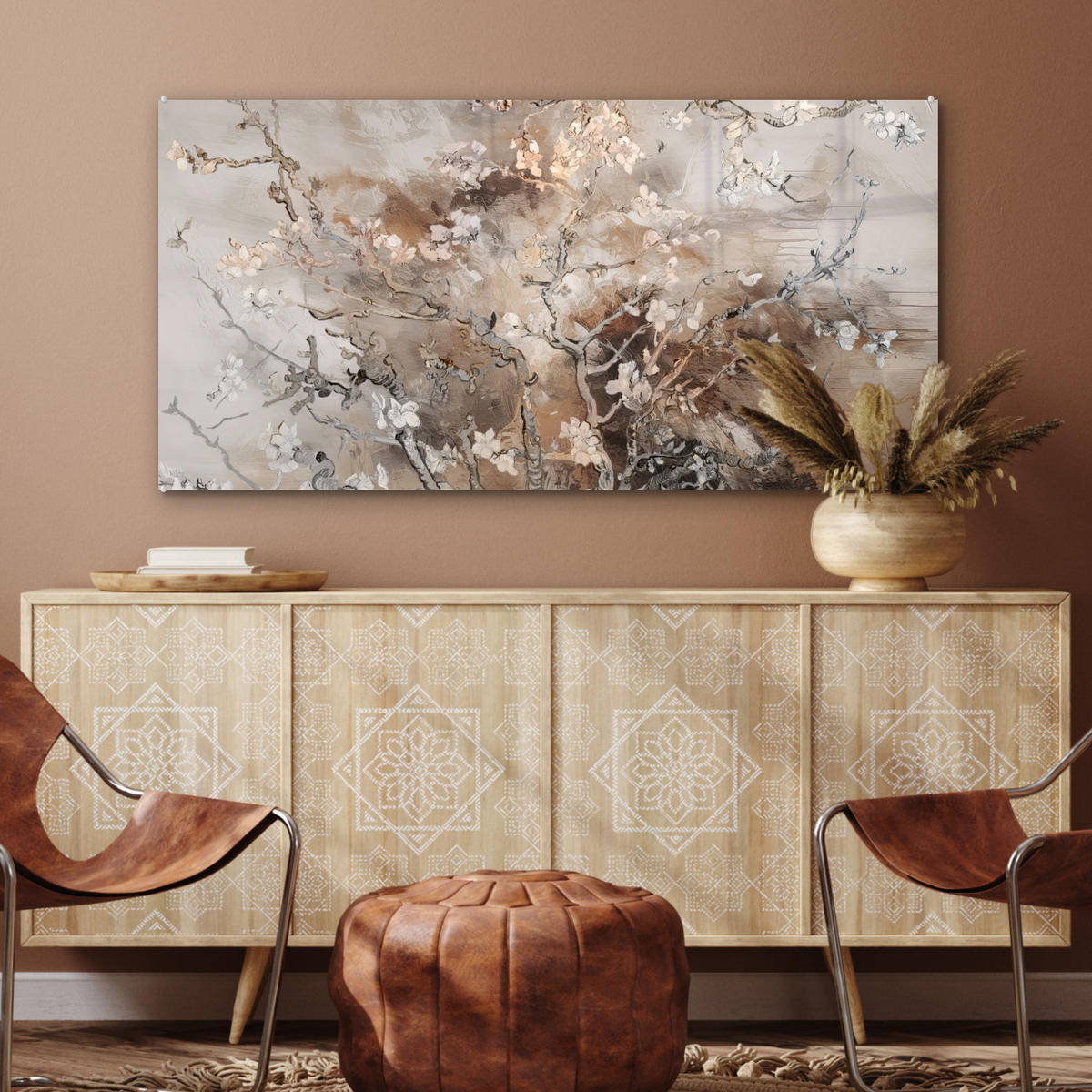 ACRYLGLASBILD Mandelblüte - Kunst - Van Gogh - Beige - Abstrakt 120x60 cm - Braun, Glas (120/60cm) - MuchoWow