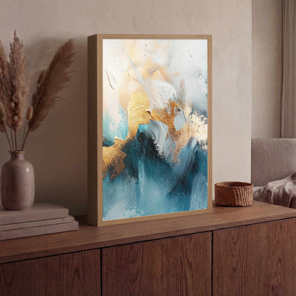 NÁSTĚNNÁ LAMPA S AKUMULÁTOREM Abstraktní - umění - zlatá - modrá 40x60 cm - tyrkysová, kompozitní dřevo (40/60/8cm) - OnlyWow