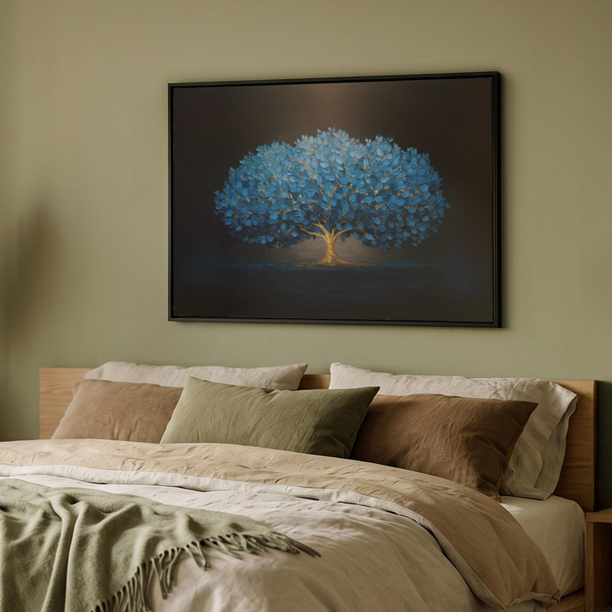 LEINWAND Bilder mit Rahmen - Baum - Blau - Blätter - Pinselstriche - 100x70 - Blau, Textil (100/70cm) - MuchoWow