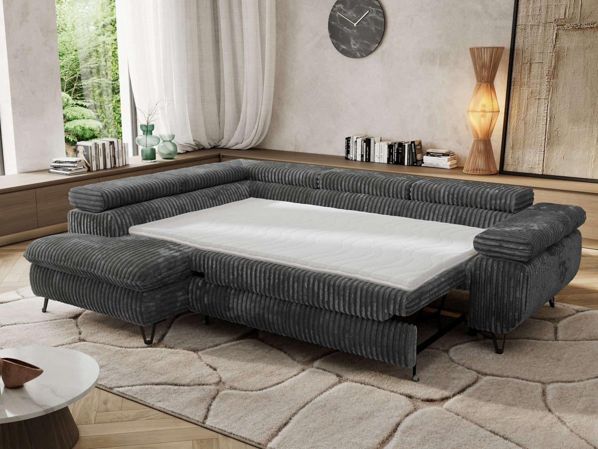 ECKSOFA PABLO L Dunkelgrau Cord - Links Seite mit Visco Topper - Dunkelgrau/Schwarz, Textil/Metall (208/273cm) - MKS