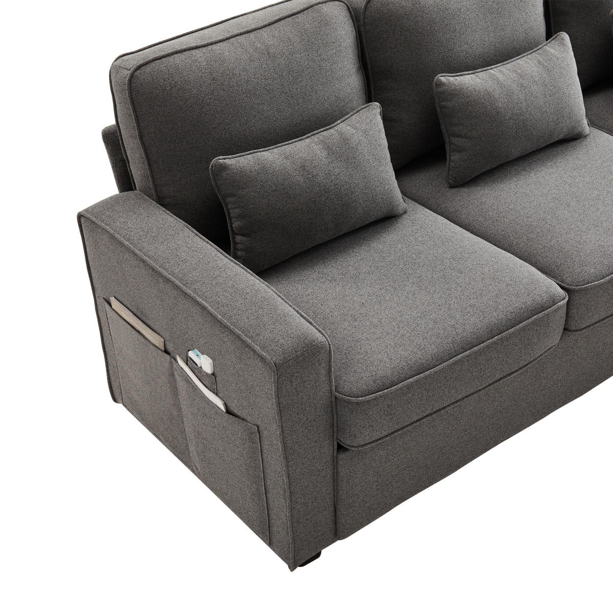4-SITZER SOFA Leinen Dunkelgrau mit USB, Getränkehaltern und Kissen - Dunkelgrau, Holzwerkstoff/Kunststoff (290/88/83cm) - WISHDOR