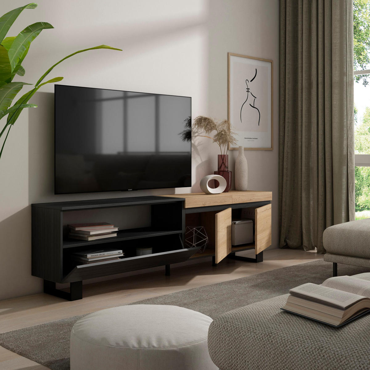 LOWBOARD, eiche, schwarz, 200/35/57cm - Eichefarben/Schwarz, Holzwerkstoff (200/57/35cm) - Skraut Home