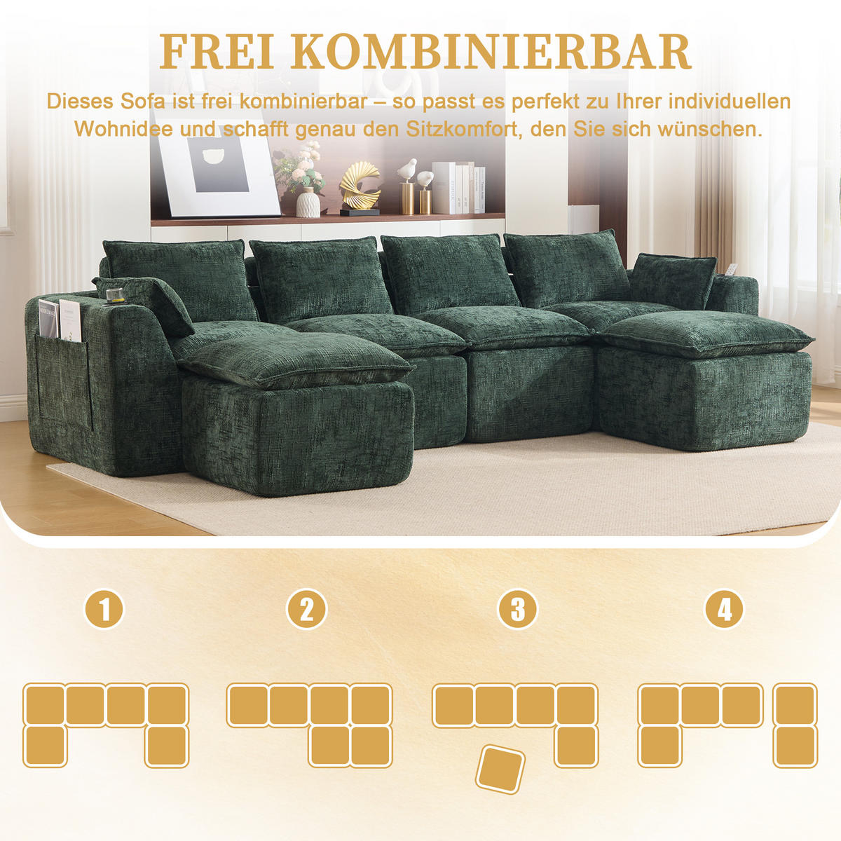 4-SITZER-SOFA aus Chenille, modular mit 2 Fußhockern und Getränkehaltern - Grün, Textil (322/75/161cm) - Urban Meuble