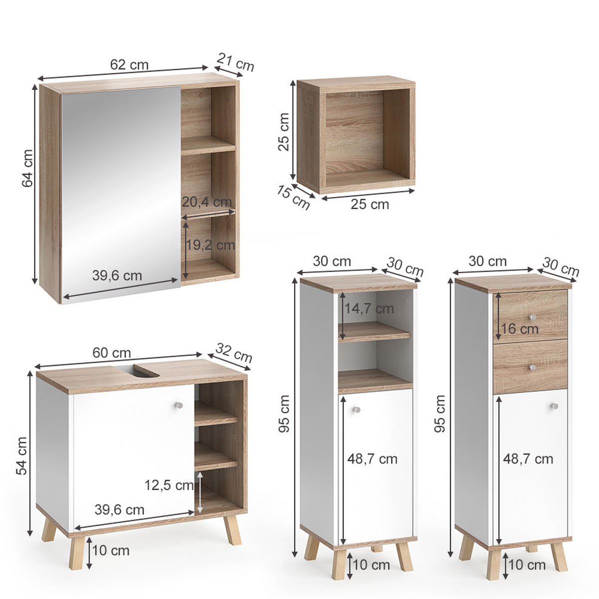 BADMÖBEL-SET Senyo Weiß 5 Teile, mit Regalen - Weiß/Sonoma Eiche, Holzwerkstoff (62/54/32cm) - Vicco