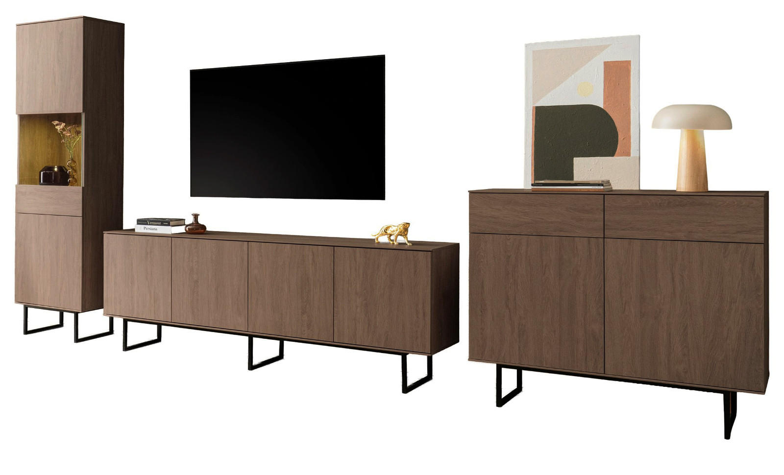 WOHNWAND in Nussbaum 3-teilig 400 cm, Komplett-Set mit Push-to-Open - Nussbaumfarben/Schwarz, Glas/Holzwerkstoff (400/200/40cm) - Furn.Design