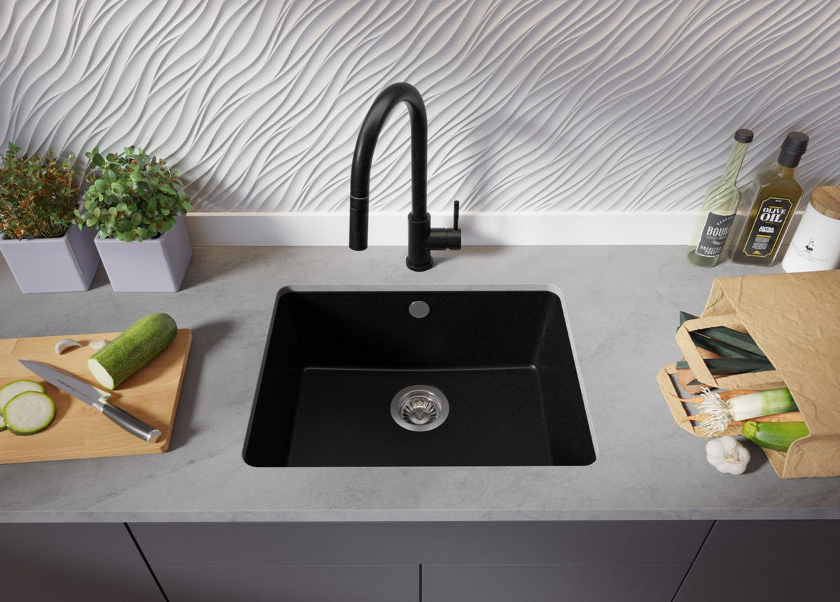 UNTERBAUSPÜLE GRANIT Venedig Easy, 2-er set Schwarz 56/44 cm 1 Becken + Küchenarmatur 32/20 cm + Ablauf-Set ab 60er Unterschrank - Chromfarben/Schwarz, Kunststoff (56/20/44cm) - Primagran