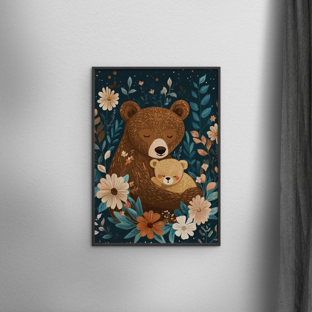 POSTER mit Rahmen Affordable Art Prints x Andreas Magnusson - Mama Bear with Cub - Blau/Schwarz, Holz/Papier (70/100cm) - Poster&Frame