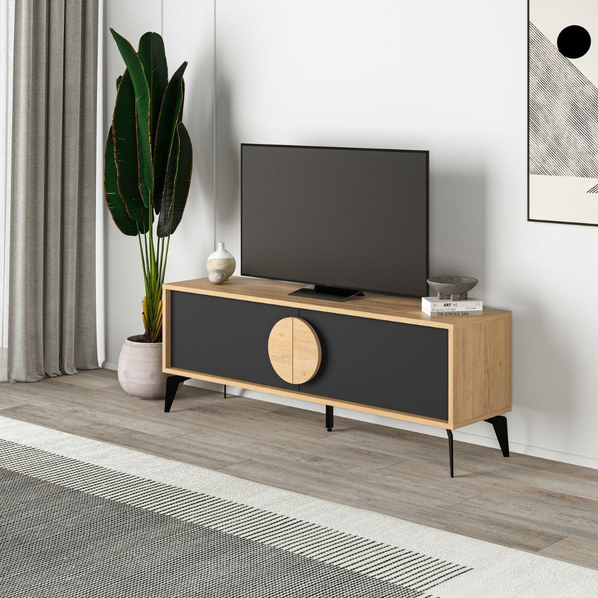 TV-MÖBEL 2 Türen Vae - L140 cm - Eiche Artisan/Grau, Holzwerkstoff (35/51/140cm) - Calicosy