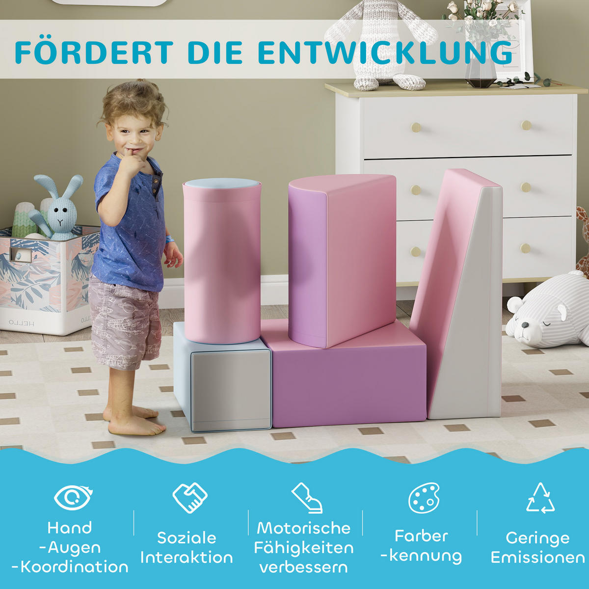 BAUSTEINSET 5er-Set Schaumstoff Bausteine Bauspielzeug für 1-3 Jahre alt Kinder - Pink, Kunststoff (40.6/20.3/40.6cm) - HOMCOM
