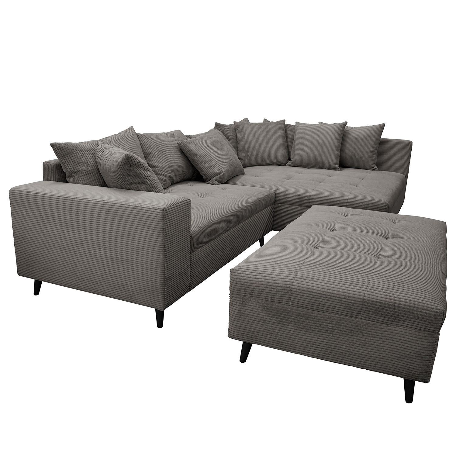 ECKSOFA mit Ottomane und Hocker - Schwarz/Grau, Birkenholz/Textil (247/174cm) - home24