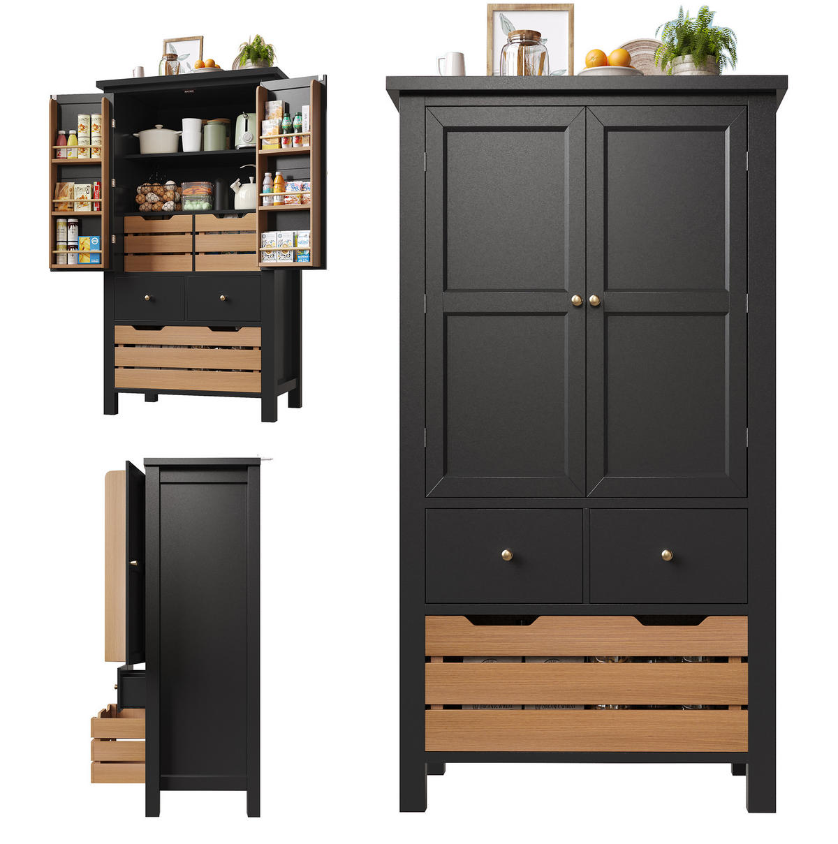 HIGHBOARD 80/40/140 cm aus MDF/Metall mit 5 Schubladen und Doppeltür Schwarz - Schwarz, Holzwerkstoff (80/140/40cm) - Modenvie