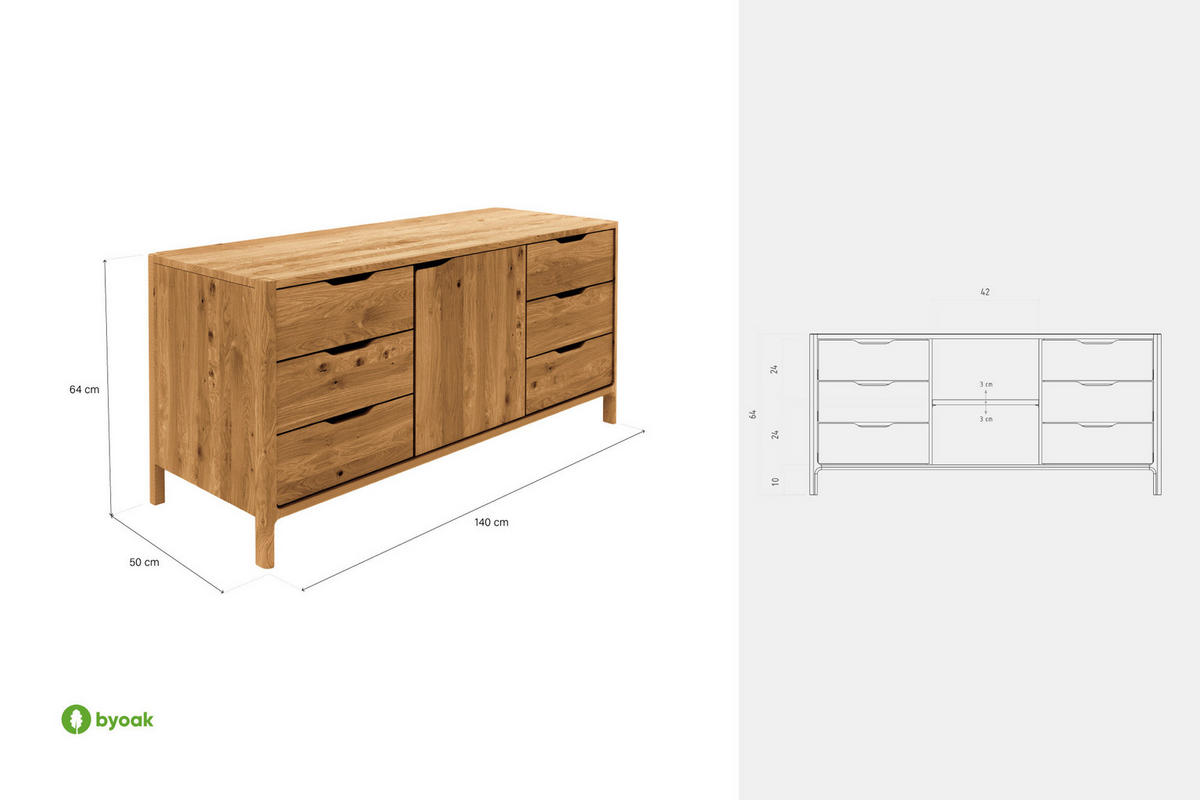 KOMMODE PAUL Wildeiche - Wildeiche, Holz (140/64/50cm) - byoak