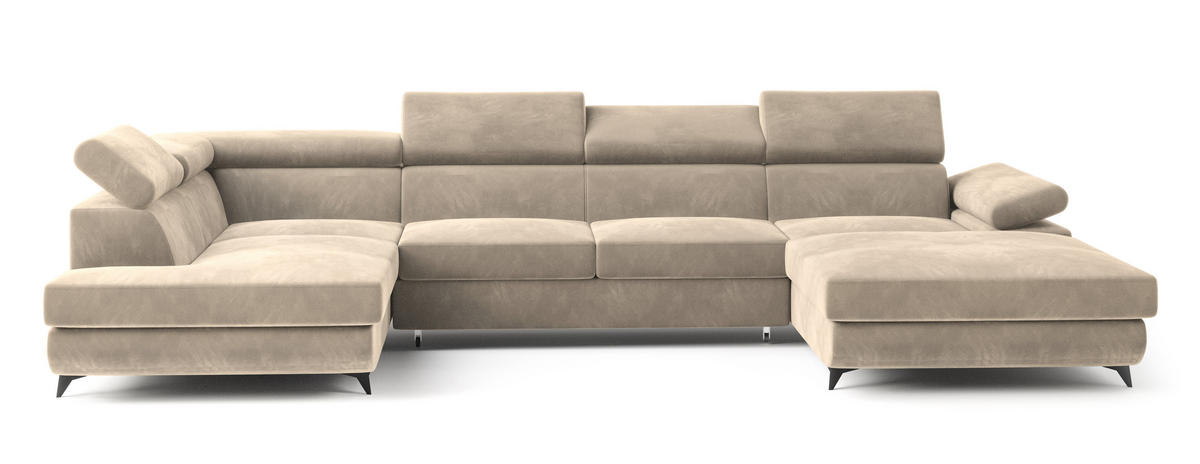 WOHNLANDSCHAFT RUBANO L-S Creme Velours-Stoff mit Schlaffunktion - Creme, Holz (339/89/190cm) - MASSENO