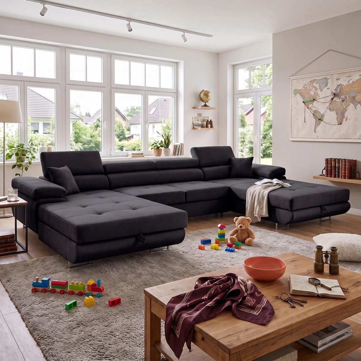 ECKSOFA U-Form ALONZO U mit Schlaffunktion 130x280 Velours Schwarz - Silberfarben/Schwarz, Holz/Textil (350/90/203cm) - Muffo