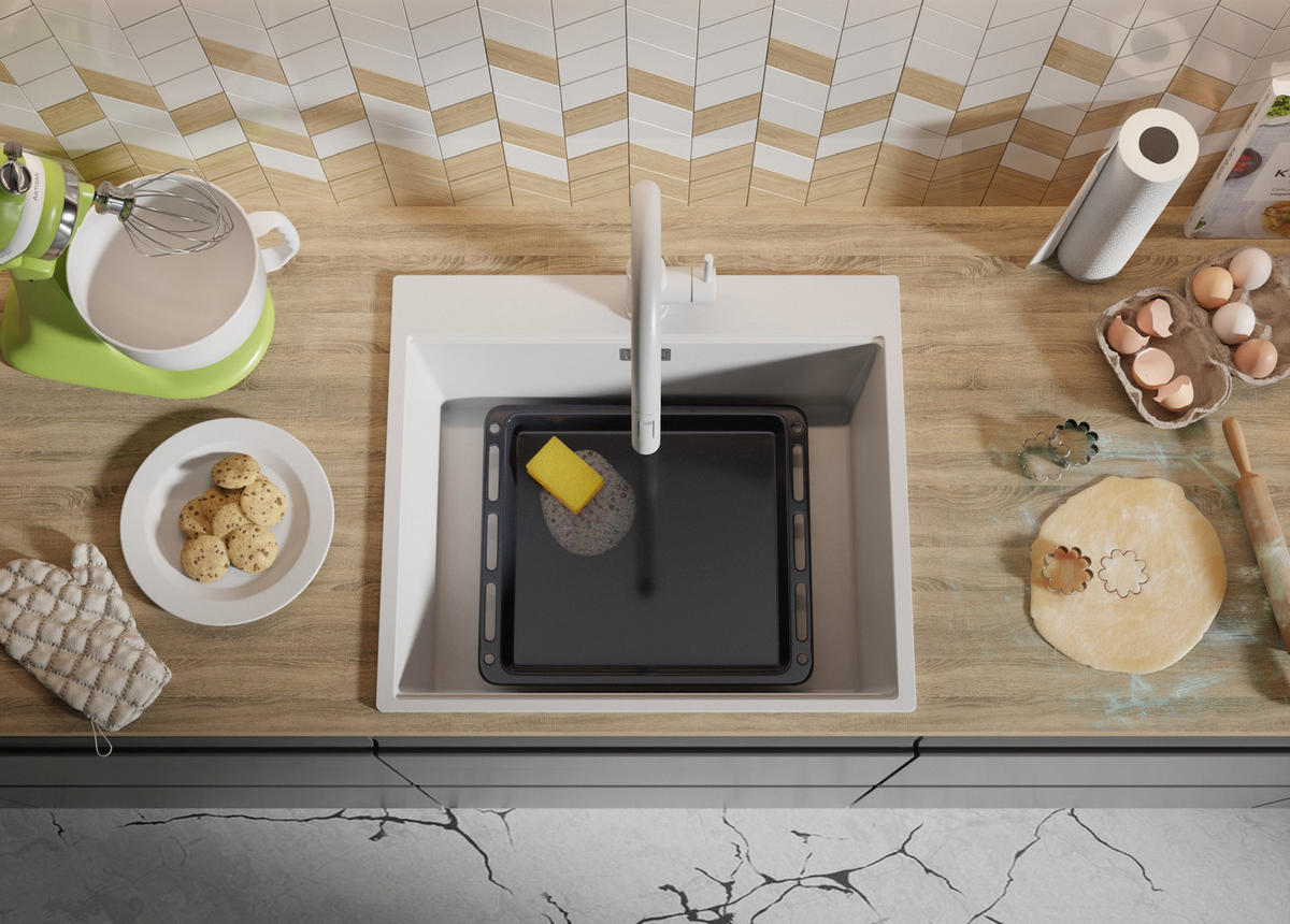 SPÜLBECKEN Oslo, 2-er set Alles Weiß 58/50 cm 1 Becken + Ablauf-Set + Schneidebrett ab 60er Unterschrank - Beige/Weiß, Kunststoff (58/20/50cm) - Primagran