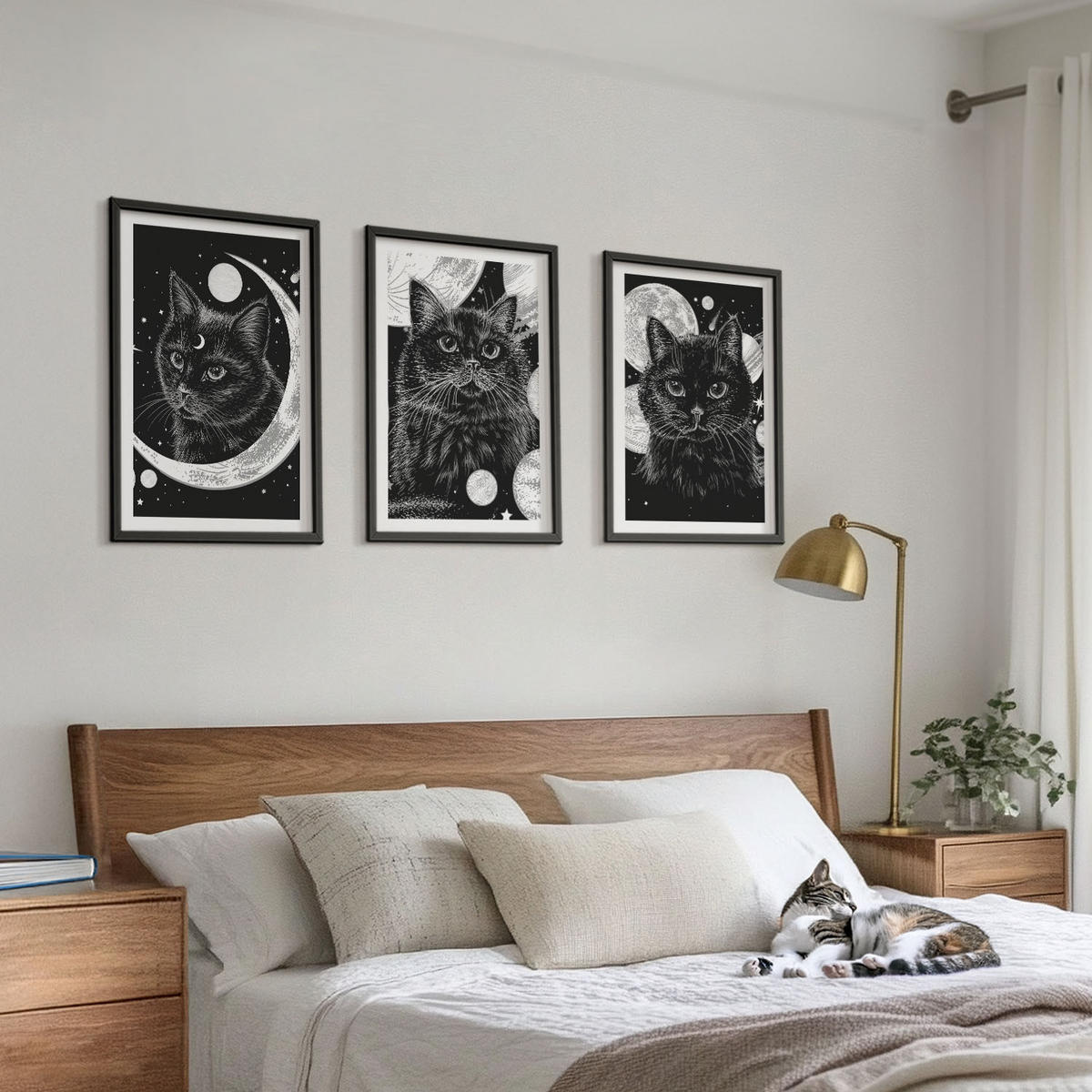BILDER SET 3er Set - 40x60 cm Schwarzer Rahmen - Schwarze Katzen, Mond, Weltraum - Schwarz, Kunststoff (40/60cm) - TULUP