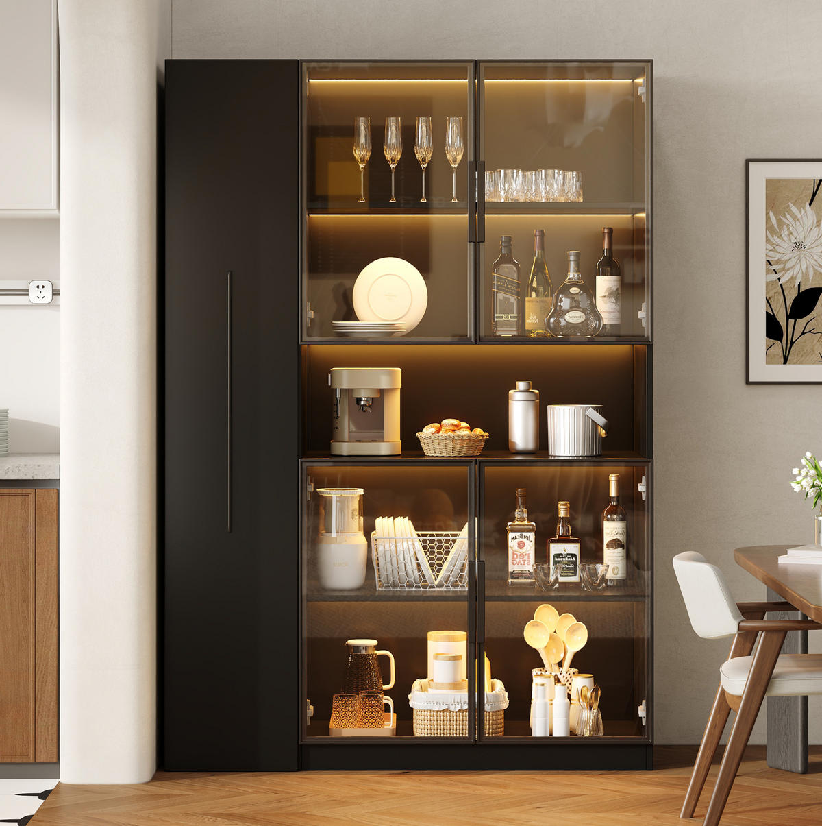 HIGHBOARD 110/35/160 cm mit LED-Beleuchtung und Glaseinsatz in Schwarz - Schwarz, Holzwerkstoff (110/160/35cm) - BEAOK