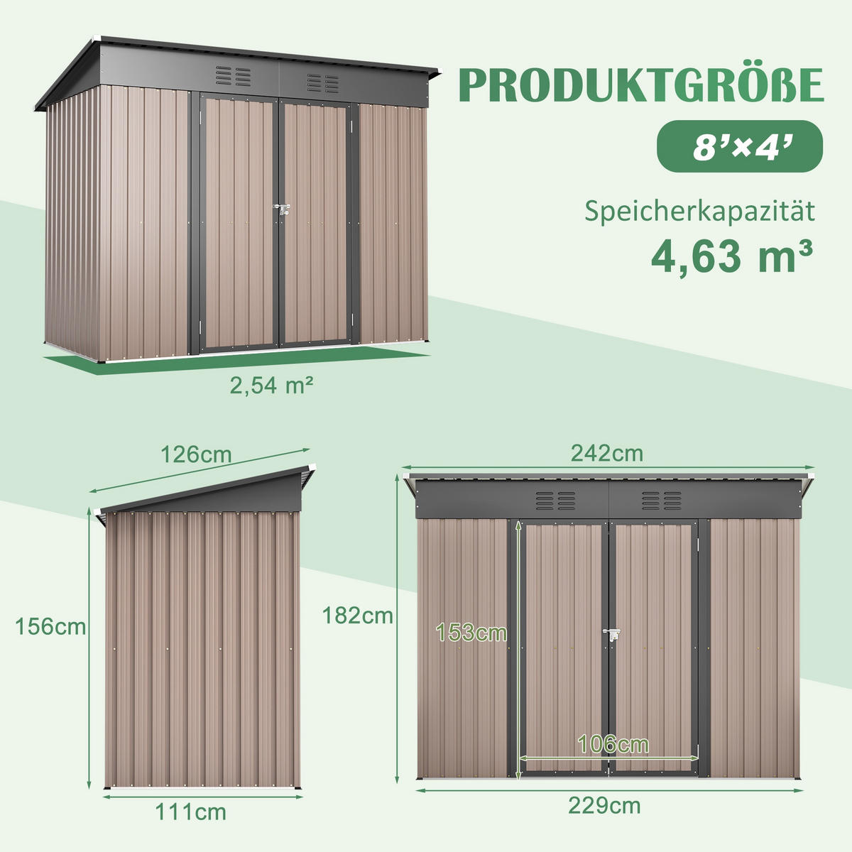 GERÄTEHAUS 242/111/182 cm Braun mit abschließbarer Tür und 2 Belüftungsgittern - Braun, Metall (111/182/229cm) - Oxeza
