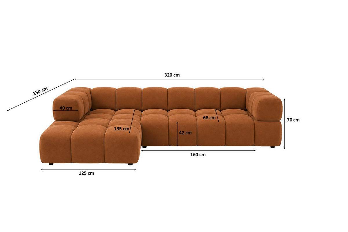 ECKSOFA L-Form, Veloursstoff Bluvel, Zimtfarbe, Links, Averro XL - Orange, Holz (320/150cm) - Kaiser Möbel