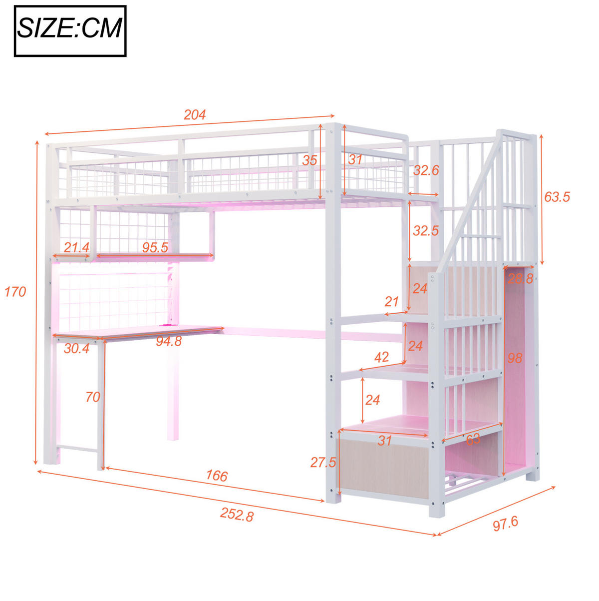 HOCHBETT mit Schreibtisch 90/200 cm in Weiß – mit Stauraumtreppe und Kleiderschrank - Weiß, Metall (90/200cm) - BEAOK