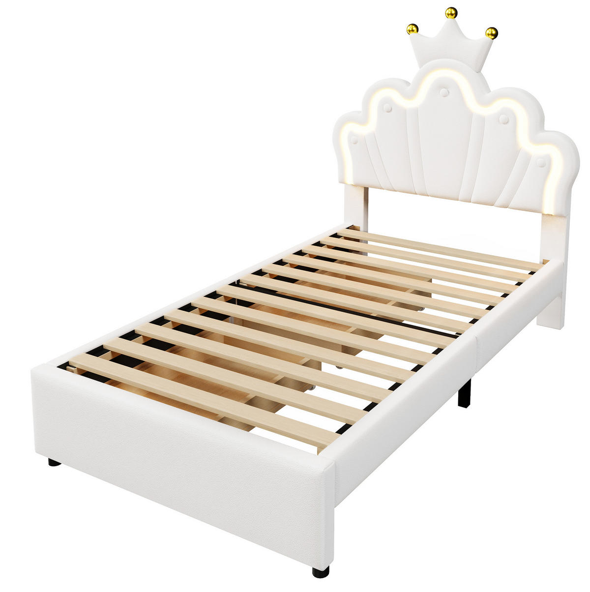 KINDERBETT Kindereinzelbetten 90/200 cm mit verstellbarem Kopfteil, LED-Beleuchtung, 2 Schubladen und PU-Bezug, Weiß - Weiß, Leder (90/200cm) - Redom