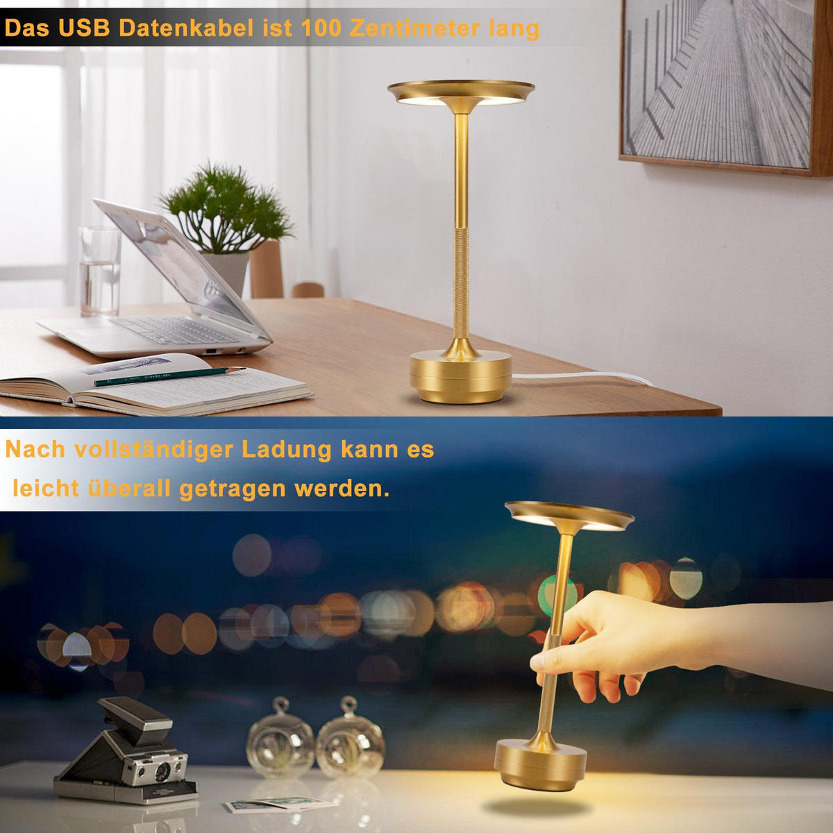 LED stolní lampa, večerní záře, 27/12,8/12,8 cm - zlatá, kov (27/12.8/12.8cm) - Nettlife