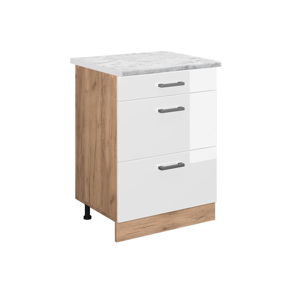 KÜCHENUNTERSCHRANK R-Line Weiß Hochglanz 60 cm AP Marmor - Weiß Hochglanz/Eiche Wotan, Holzwerkstoff (60/81.6/60cm) - Vicco