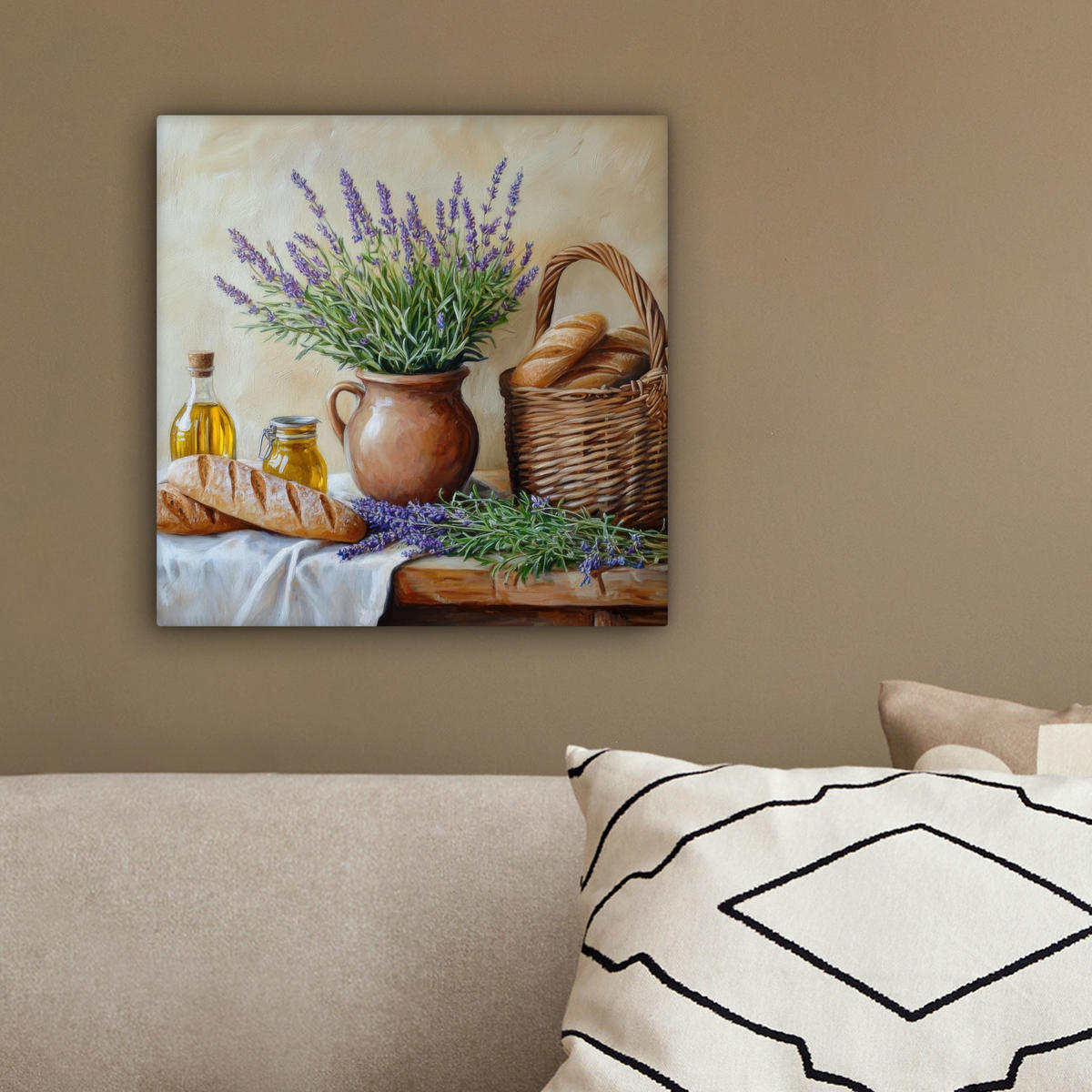 LEINWANDBILD Lavendel - Brot - Stilleben 20x20 cm - Flieder, Textil (20/20cm) - MuchoWow