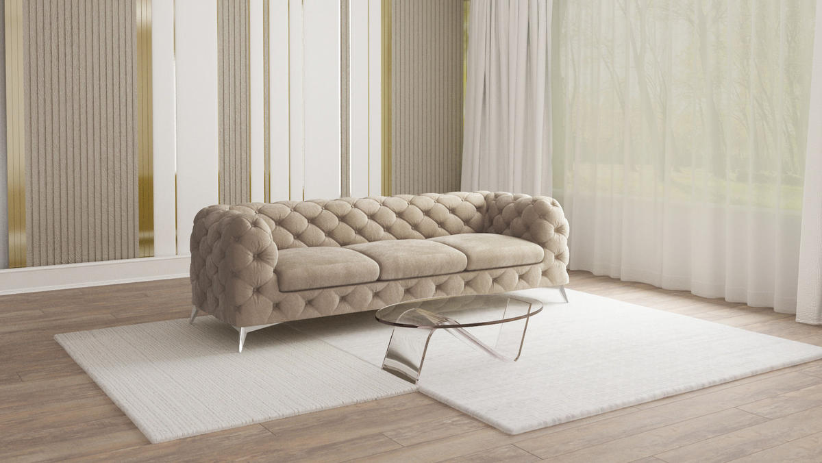 CHESTERFIELD-SOFA 3-Sitzer Laura Dunkle Creme Samt - Silberfarben/Creme, Holz/Textil (243/75/100cm) - S-Style Möbel