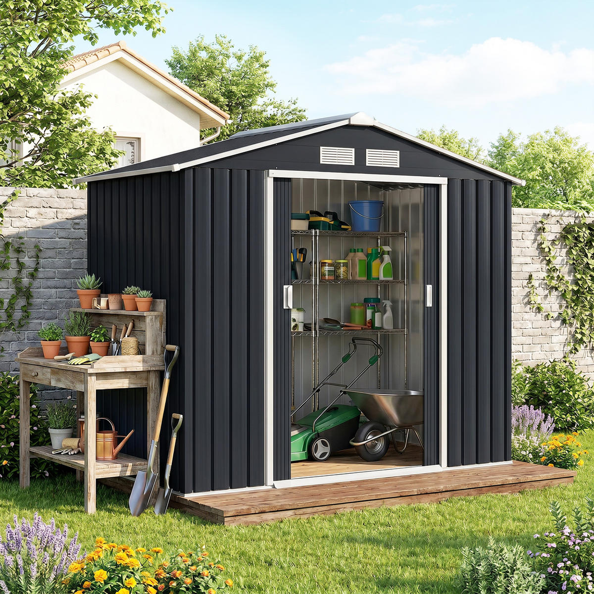 GARTENHAUS aus Blech mit Schiebetüren 213 x 130 x 185 cm ,dunkelgrau - Dunkelgrau, Metall (330.2/469.9/541.02cm) - Vallsero