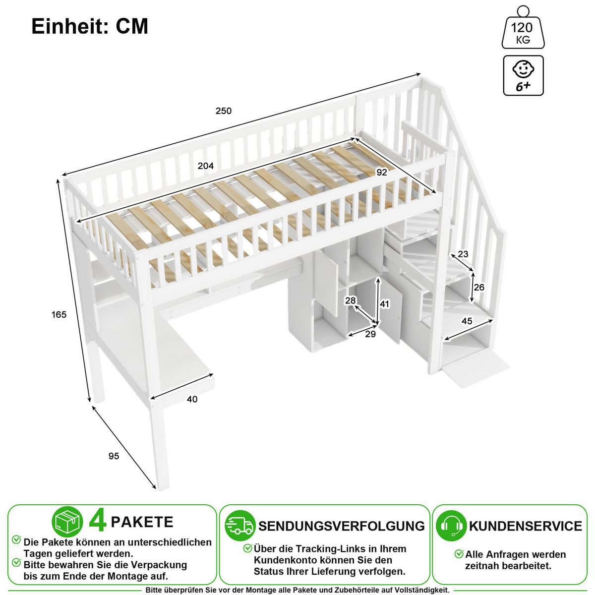 HOCHBETT 90/200 cm in Weiß mit LED, Ablageleiter, Regalen und Schreibtisch - Weiß, Holz/Holzwerkstoff (90/200cm) - CHICFURN