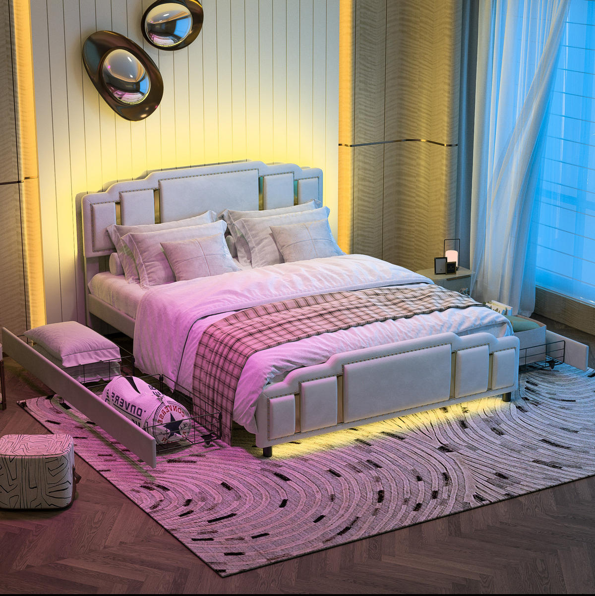 POLSTERBETT 140x200 cm in Beige mit LED-Beleuchtung und 4 Schubladen - Beige, Textil (140/200cm) - IVMEU