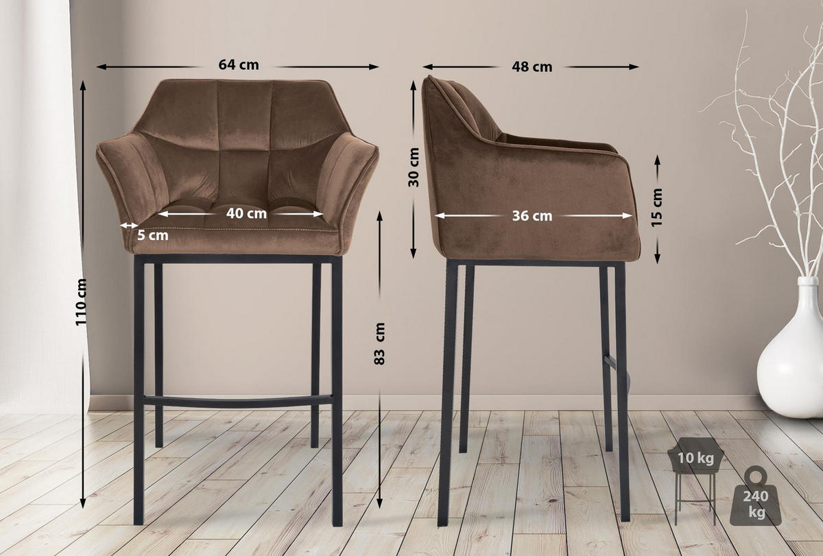 BARHOCKER Samt Braun - Schwarz/Braun, Textil/Metall (64/110/48cm) - CLP
