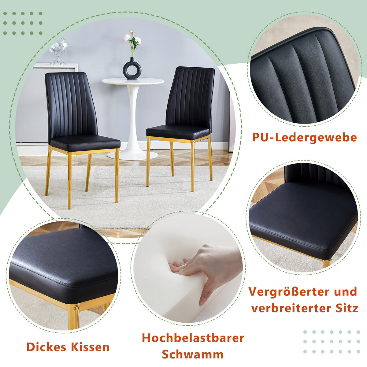 STUHL-SET DE-36495 4 Stück mit PU-Bezug und Metallbeinen Schwarz - Schwarz, Metall (42.5/92.5/43cm) - ComfortXL