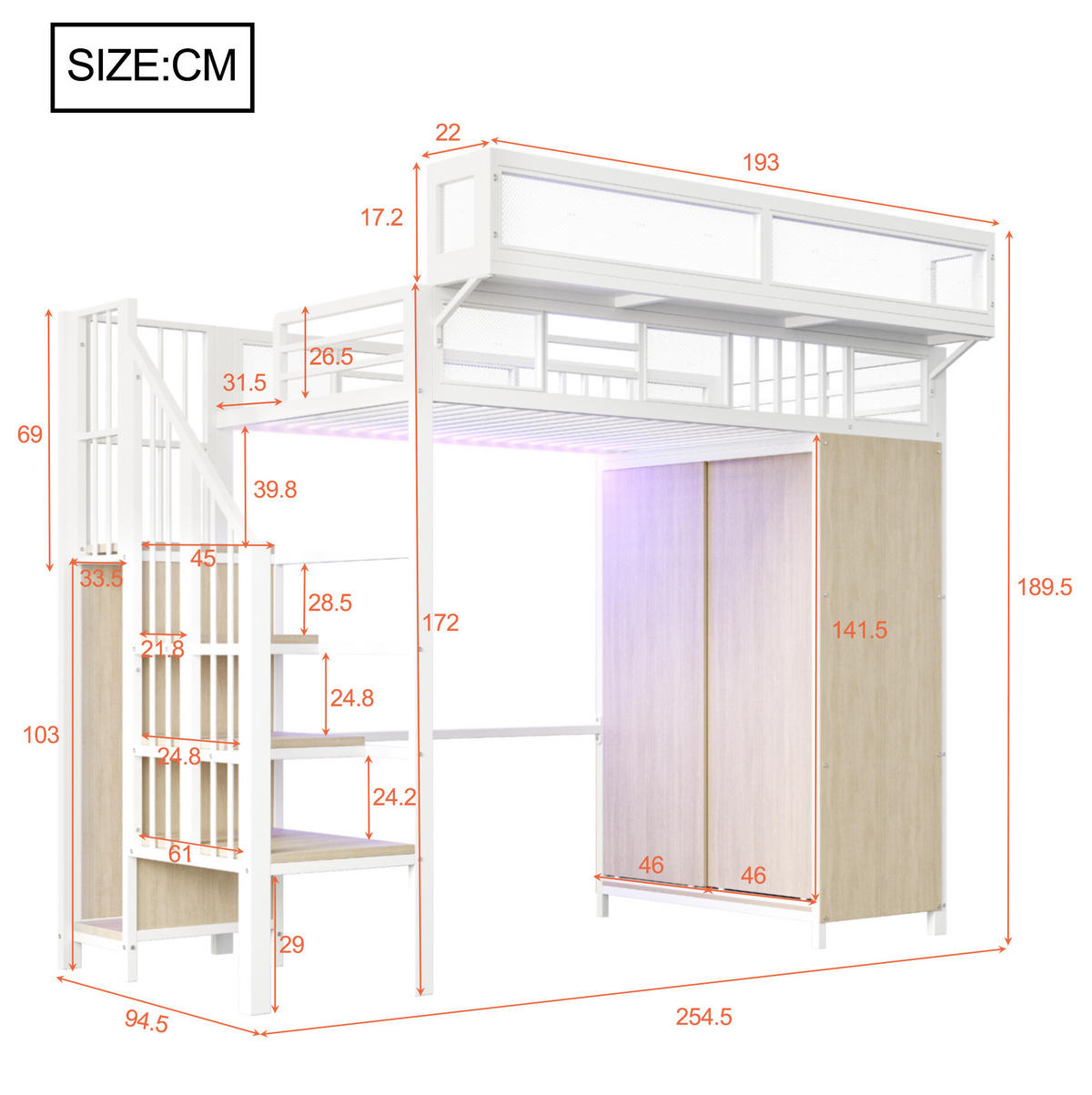HOCHBETT 90/200 cm Weiß mit Kleiderschrank mit LED-Beleuchtung Metall Holz - Weiß, Metall (90/200cm) - OKWISH