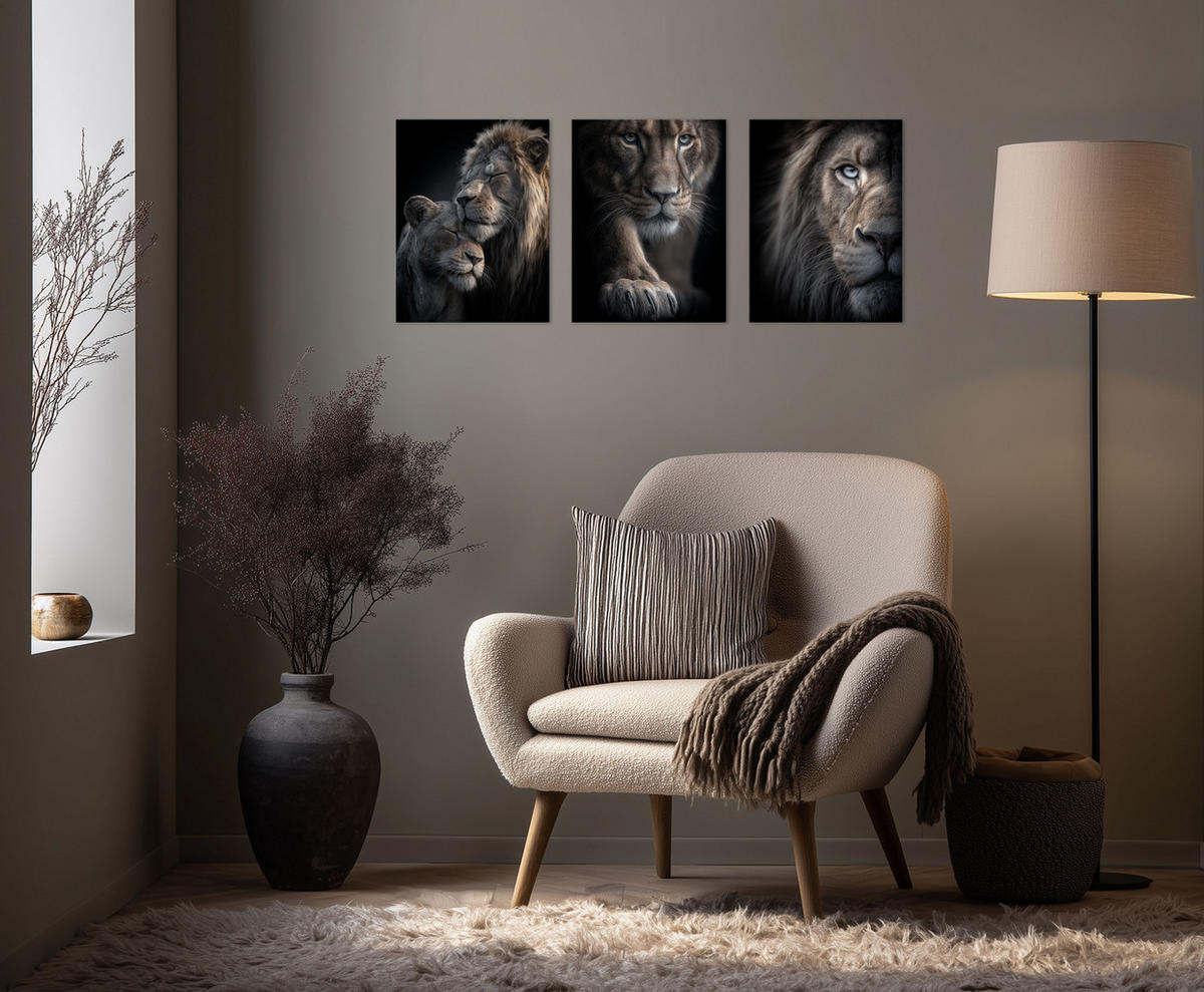 BILDERSET 3er-Set 30x40 cm Löwen schwarz grau - Braun, Kunststoff (30/40cm) - artissimo