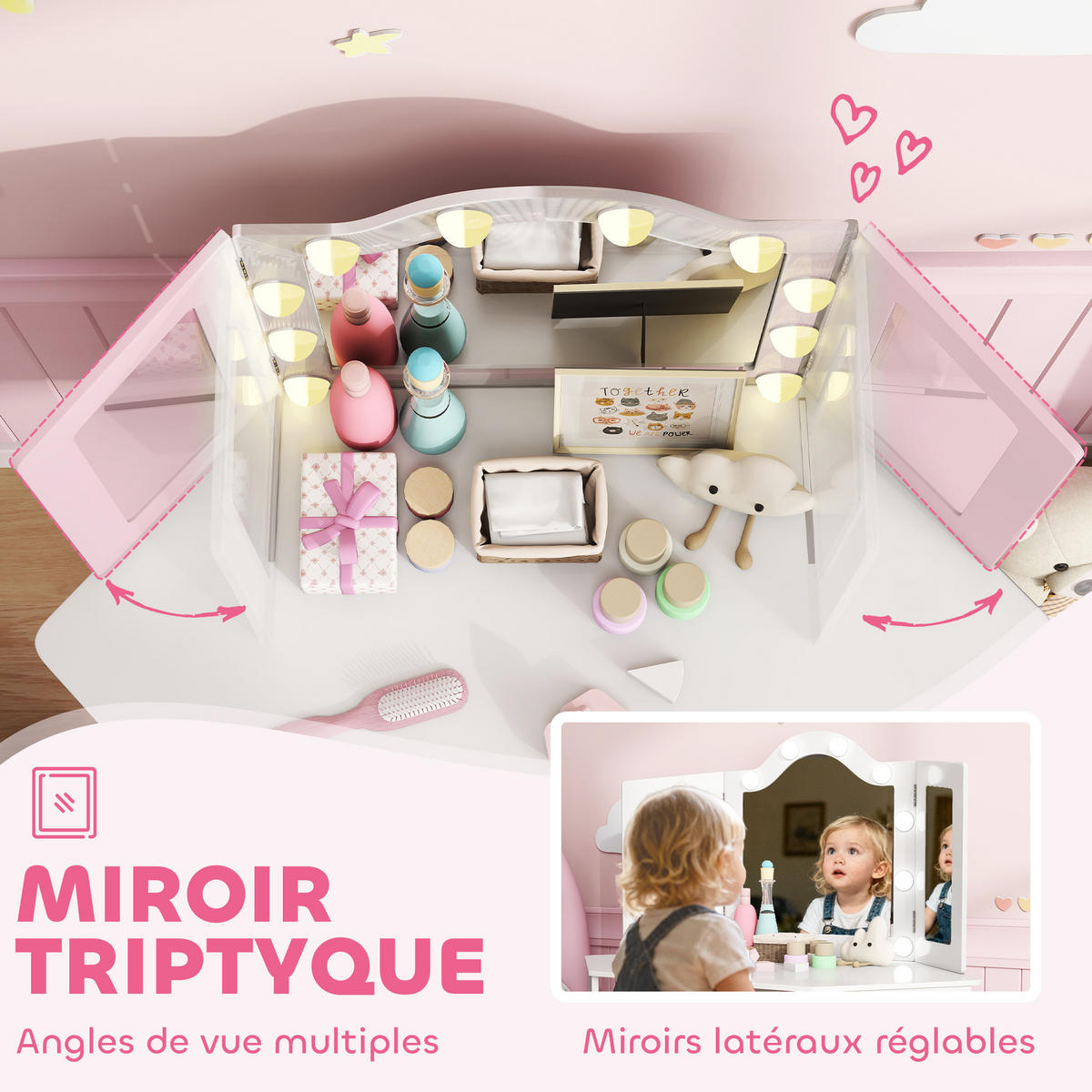 KINDERSCHMINKTISCH DE-18637 2-in-1 mit LED-Triptychonspiegel Weiß - Weiß, Holzwerkstoff (48.5/111.5/93.6cm) - ComfortXL