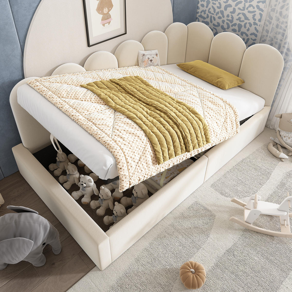 POLSTERBETT 90/200 cm in Beige mit Stauraum und Samtbezug - Beige, Textil (90/200cm) - Flora Grace