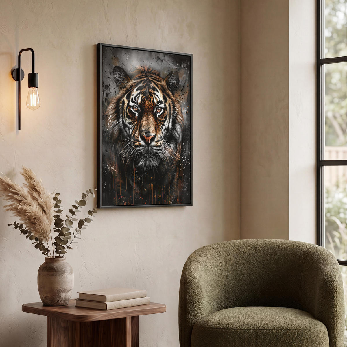 LEINWAND Bilder mit Rahmen - Tiger - Tiere - Porträt - Luxus - Schwarz - 50x70 - Braun, Textil (50/70cm) - MuchoWow