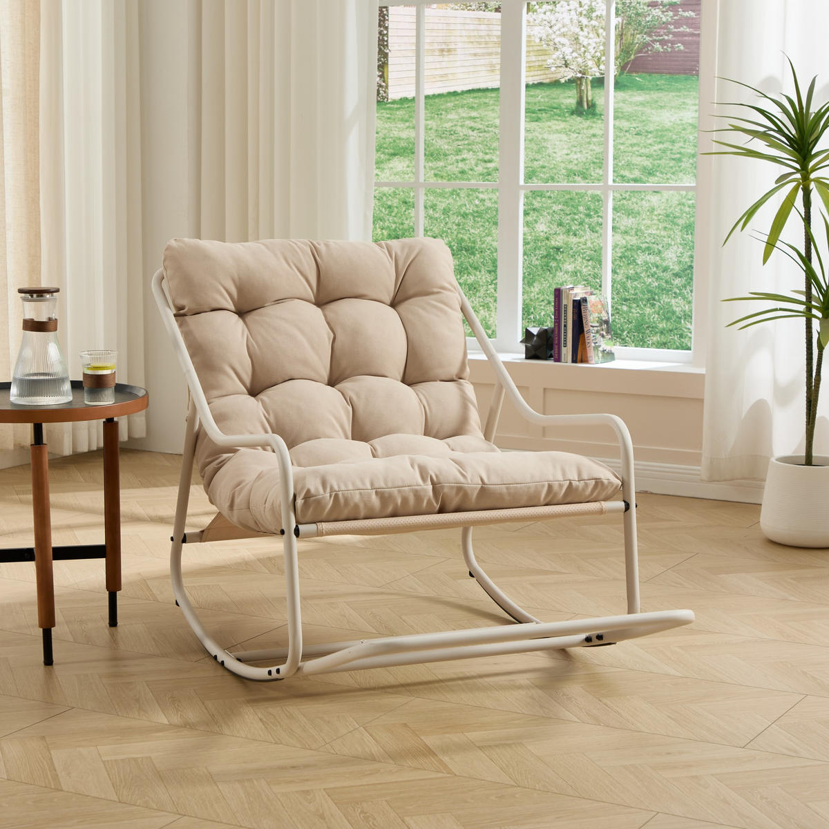 SCHAUKELSTUHL,SCHAUKELSESSEL mit Fußstütze, gepolstertem Kissen,Beige - Beige, Kunststoff/Metall (75/82/116cm) - LVHOM