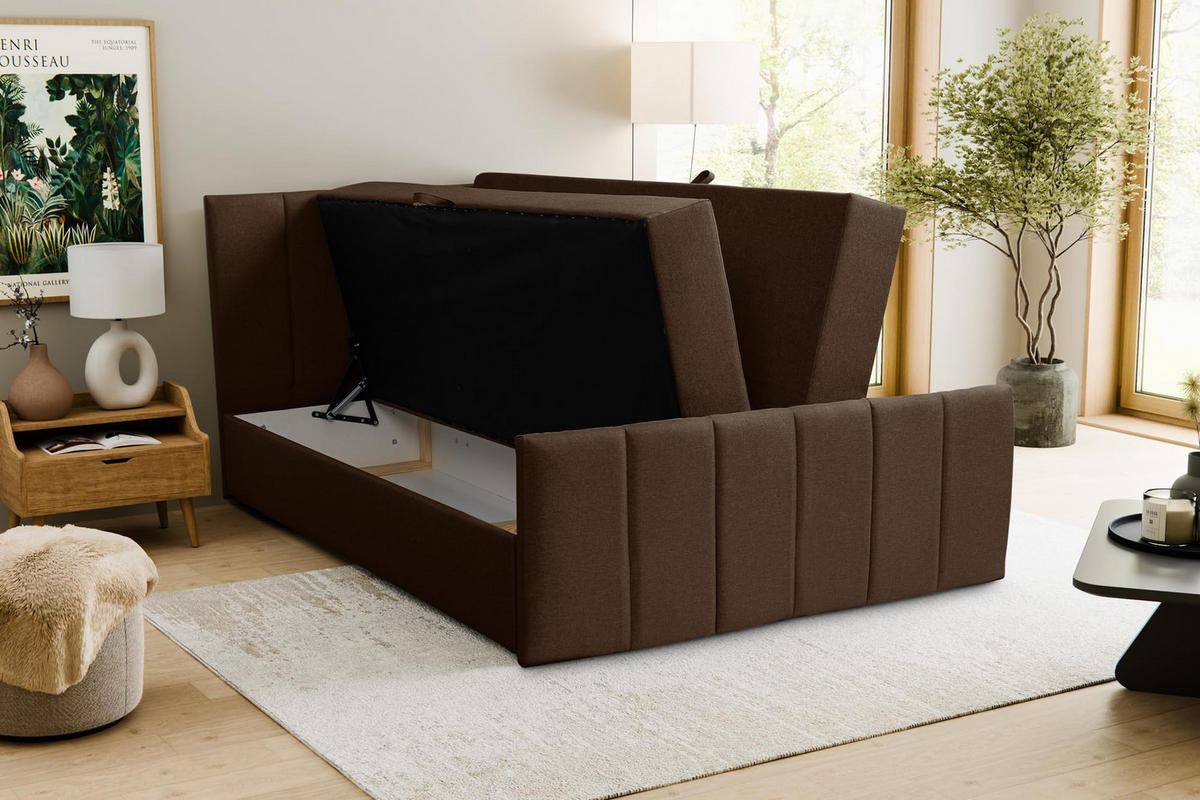 BOXBETT CLAUDINE mit 2 Bettkästen, 160x200, Farbe: Braun, Velourstoff, mit Bonell-Matratze inkl. Topper - Braun, Holz/Kunststoff (160/200cm) - VENASI MÖBEL