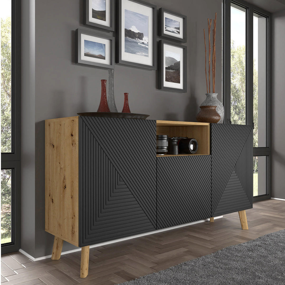 KOMODA Nexa Drvo i crno - crna, drvni materijal (146/80/42cm) - Petits-meubles