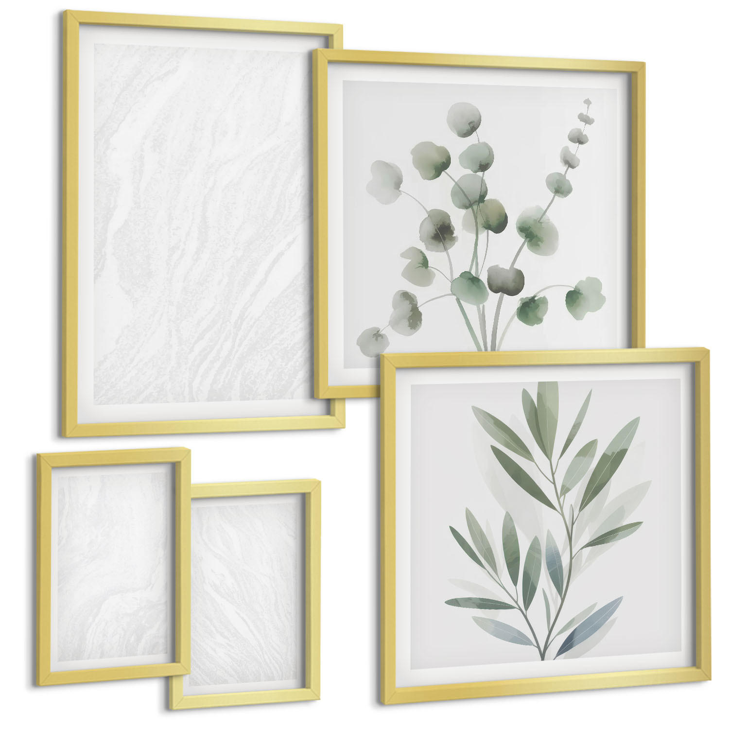 BILDER SET 5er Set - 50x50 cm & 20x30 cm & 40x60 cm Goldrahmen - Marmorstruktur, pastellfarbene Zweige - Goldfarben, Kunststoff (40/60cm) - TULUP