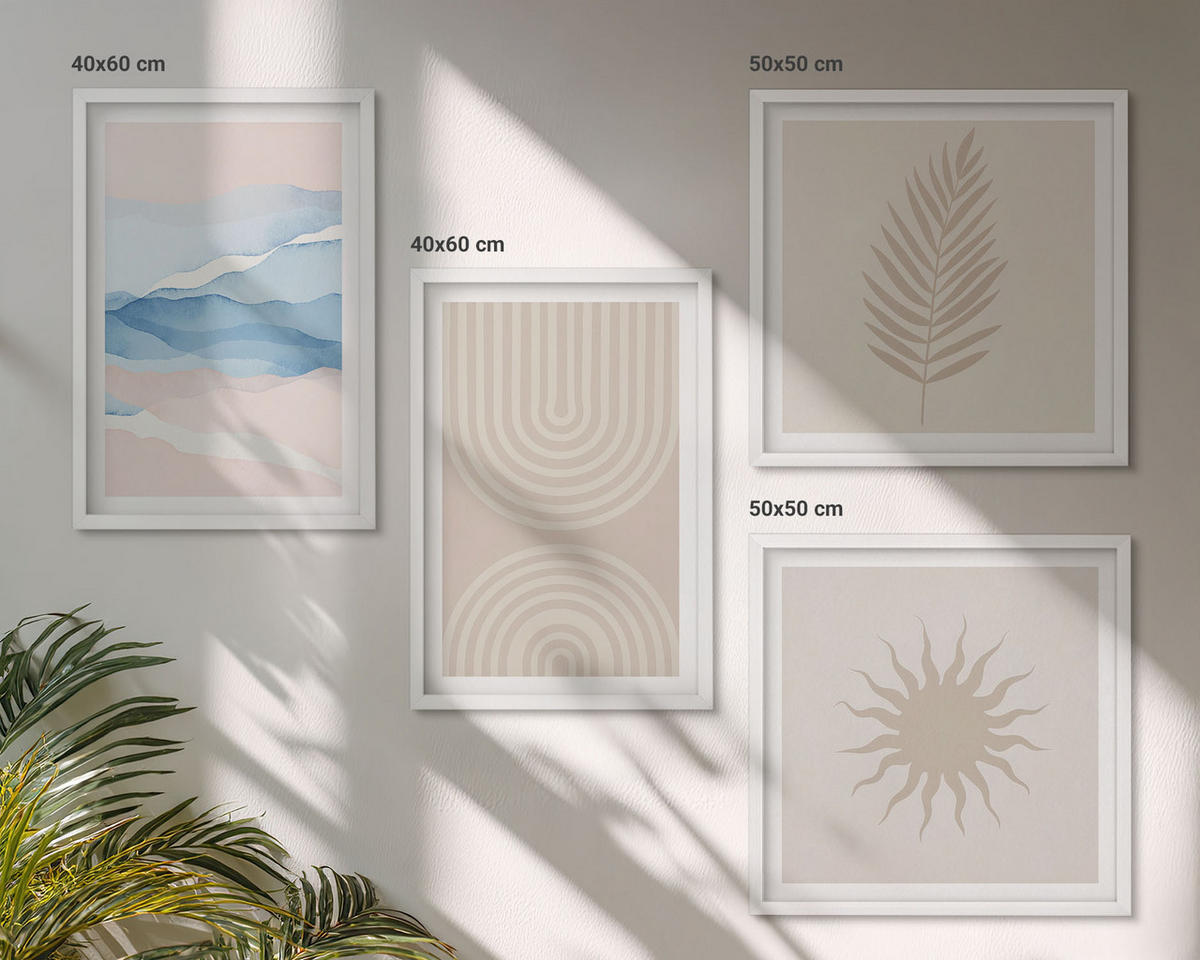 BILDER SET 4er Set - 50x50 cm & 40x60 cm Weißer Rahmen - Abstrakte Linien der Sonnenwellen - Weiß, Kunststoff (50/50cm) - TULUP