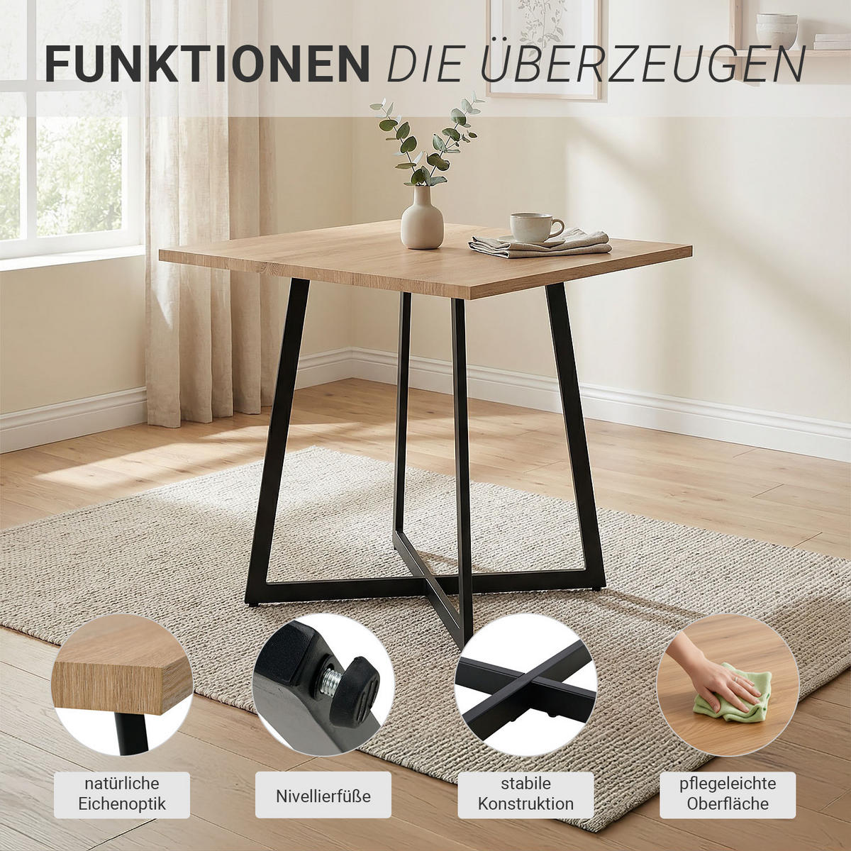 ESSTISCH in Eiche Schwarz 80/80/76 cm - Schwarz/Weiß, Holzwerkstoff/Metall (80/80/76cm) - Homestyle4u