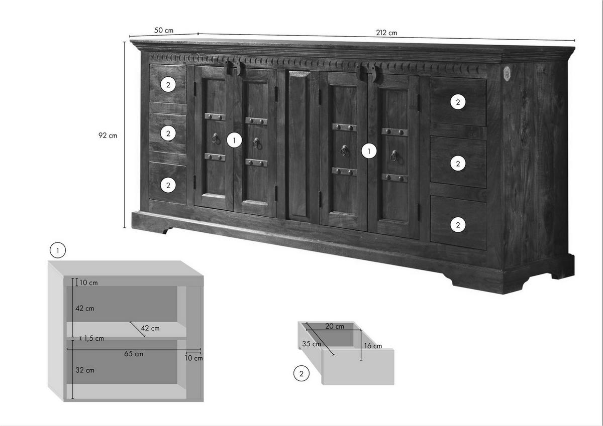SIDEBOARD Akazie 212x50x93 nougat lackiert OXFORD #414 - Dunkelbraun, Holz (212/93/50cm) - Massivmoebel24