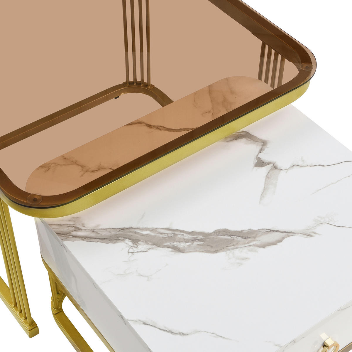 COUCHTISCH 60/60/44.5+50/50/34.5 cm in Weiß/Gold aus MDF mit Schublade - Weiß, Holzwerkstoff (60/60/45cm) - OKMYHOME