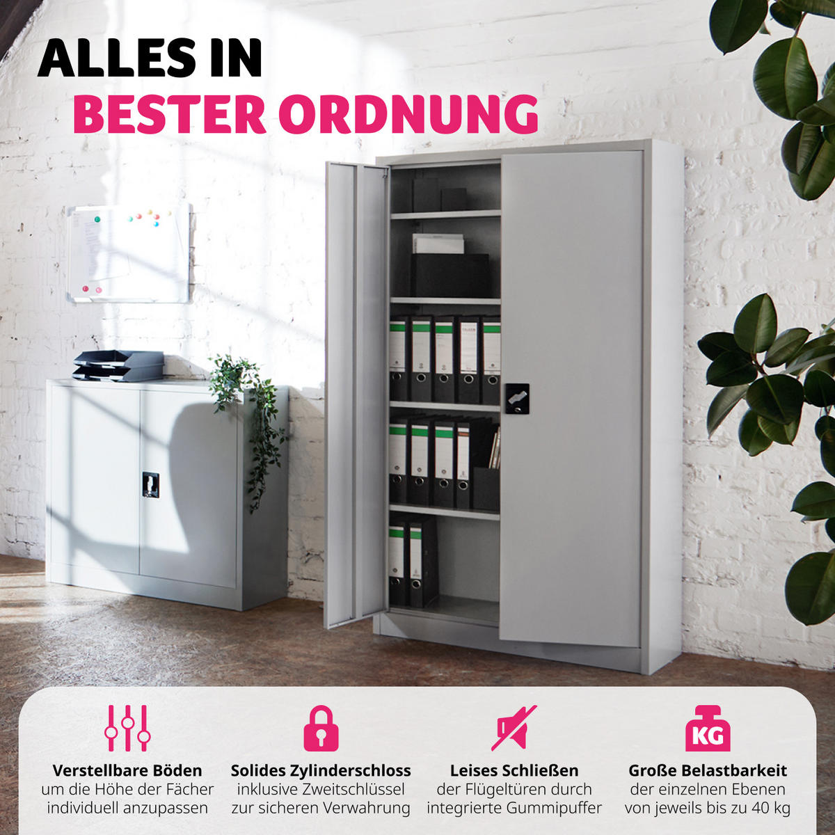 AKTENSCHRANK ,140 x 90 x 40 cm,grau - Grau, Metall (90/140/40cm) - tectake