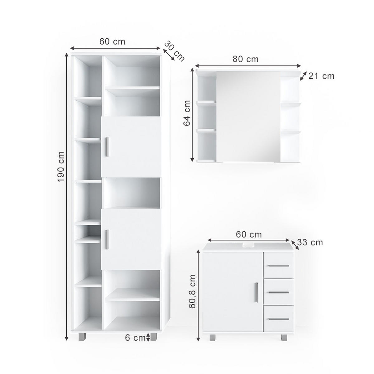 BADMÖBEL-SET Ilias Weiß 3 Teile, mit Unterschrank 60 cm - Weiß, Holzwerkstoff (60/60.8/33cm) - Vicco